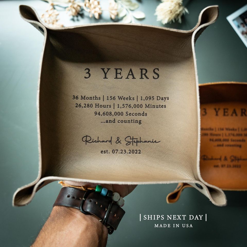 3 Year Anniversary Gift, Personalized Gift for Him, Custom Leather Catchall Tray
