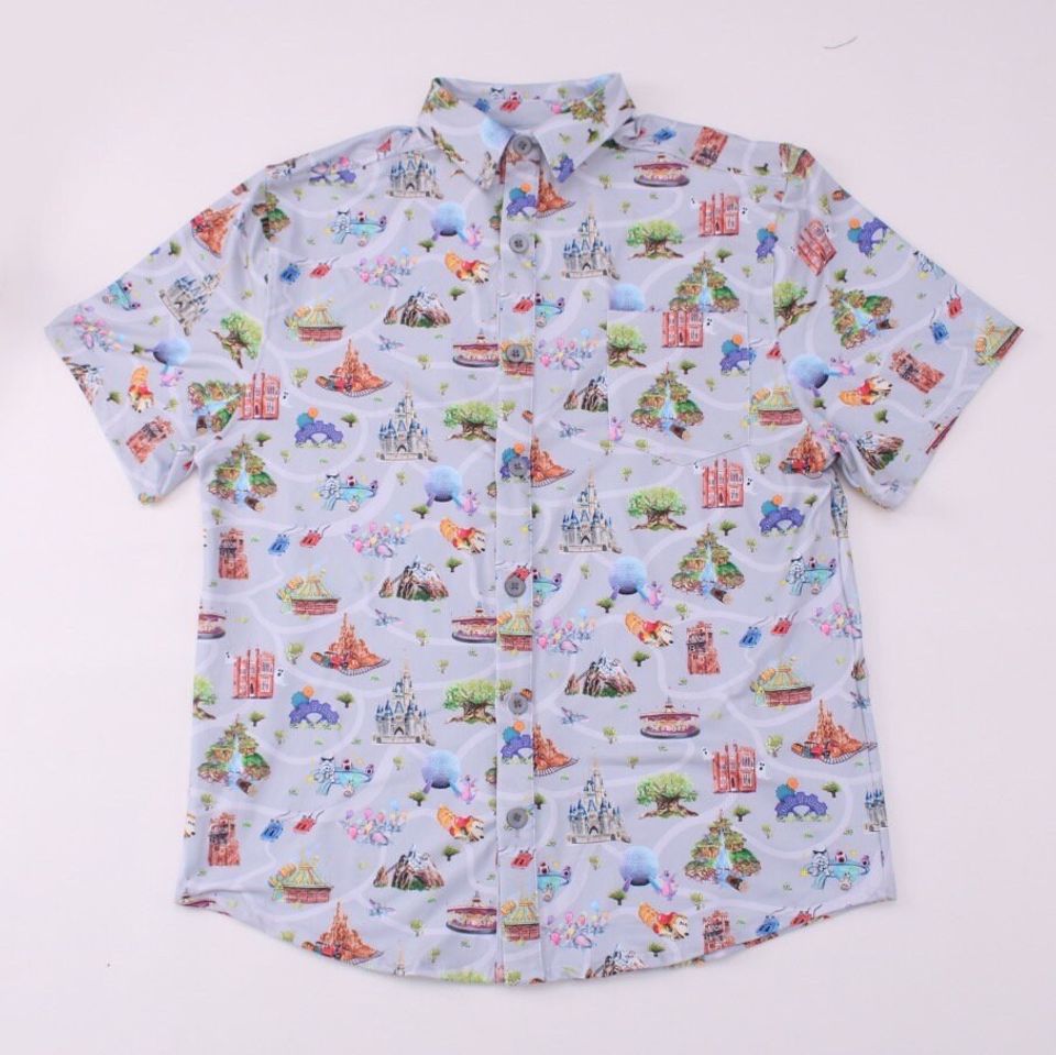 Disney park rides map collared button up shirt vacation theme print mens shirt