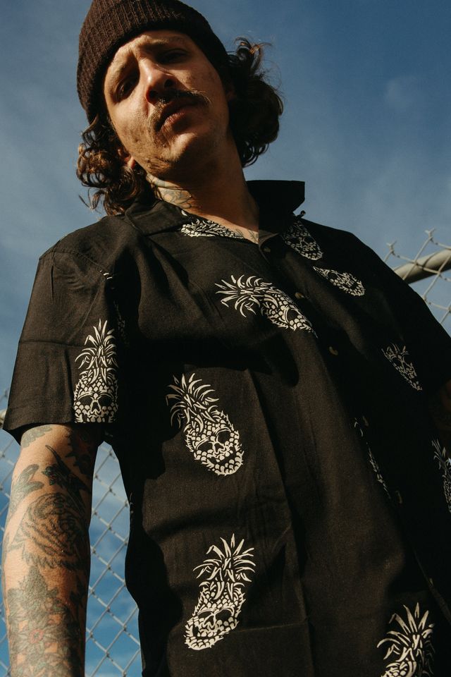 Permanent Vacation Button-Up Shirt | Pineapple Skull All Over Print | Tattoo Flash