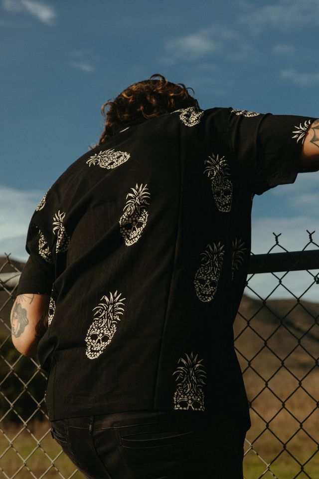 Permanent Vacation Button-Up Shirt | Pineapple Skull All Over Print | Tattoo Flash