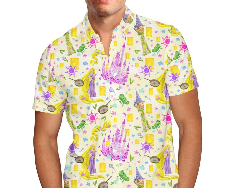 Watercolor Tangled Disney Rapunzel Inspired Men's Button Down Short-Sleeved Shirt