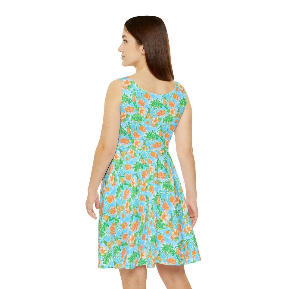 Floral Tangerine Goofy & Pluto Women's Skater Dress
