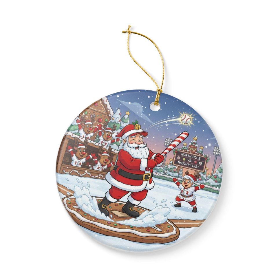 Santa Playing Baseball Ceramic Ornament | Christmas Tree Decoration