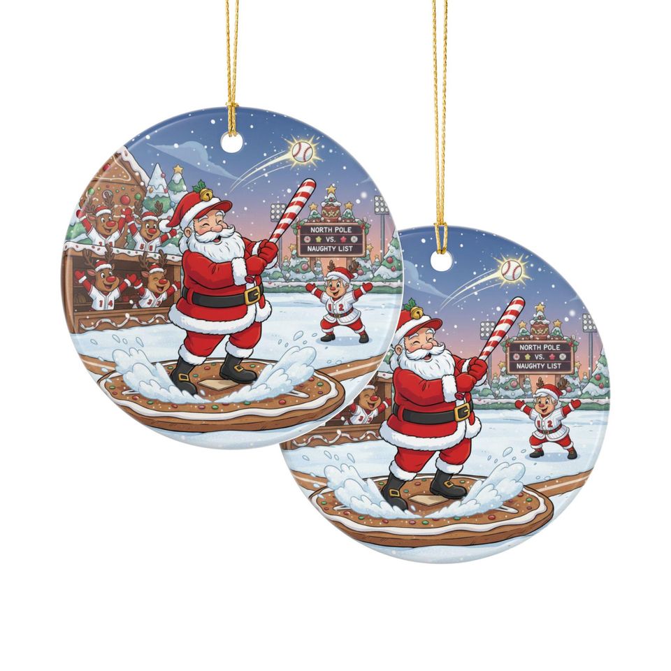 Santa Playing Baseball Ceramic Ornament | Christmas Tree Decoration