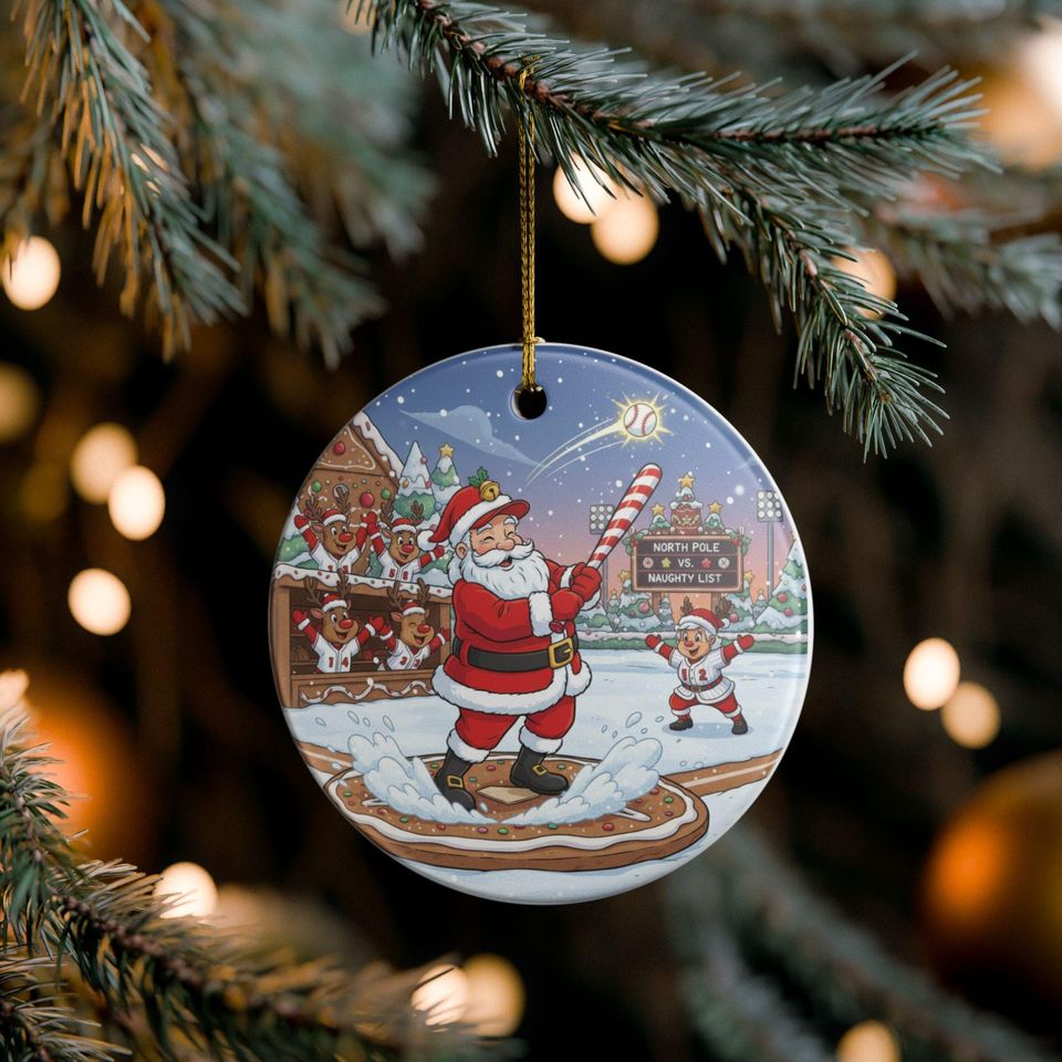 Santa Playing Baseball Ceramic Ornament | Christmas Tree Decoration
