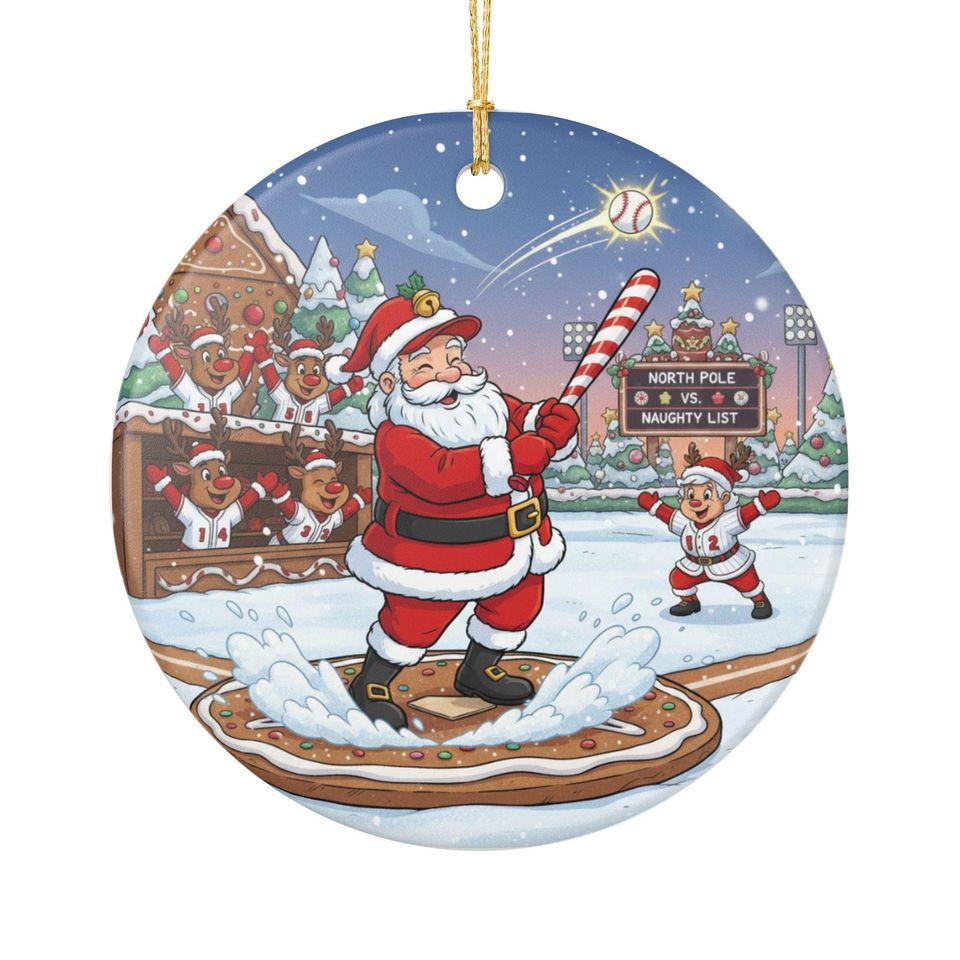 Santa Playing Baseball Ceramic Ornament | Christmas Tree Decoration