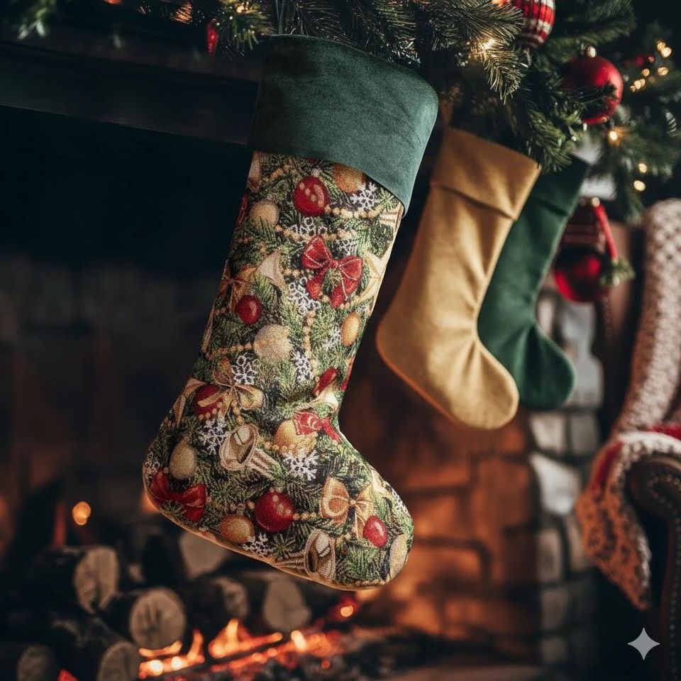 Vintage Green Floral Christmas Stocking: Embroidered Velvet Keepsake