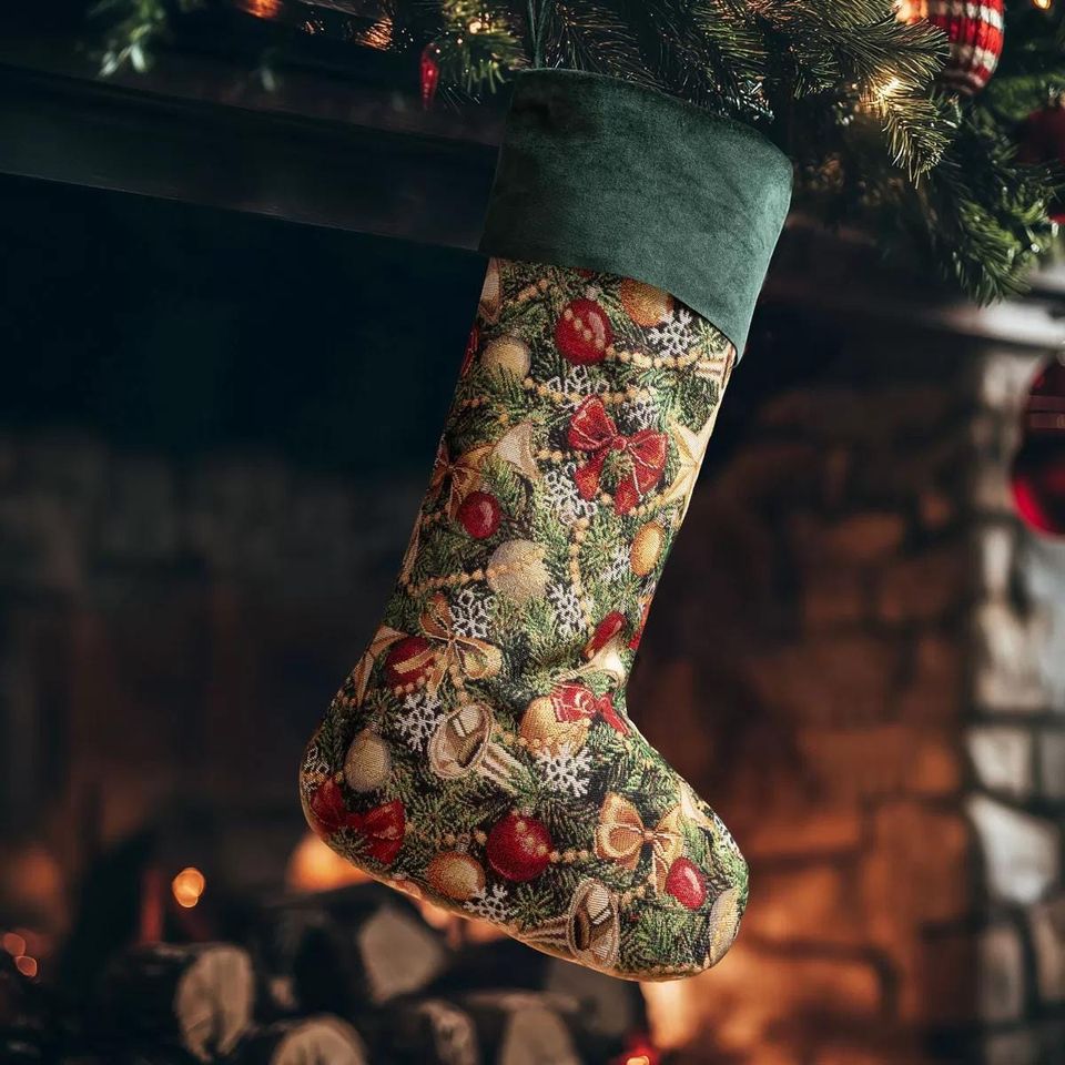 Vintage Green Floral Christmas Stocking: Embroidered Velvet Keepsake