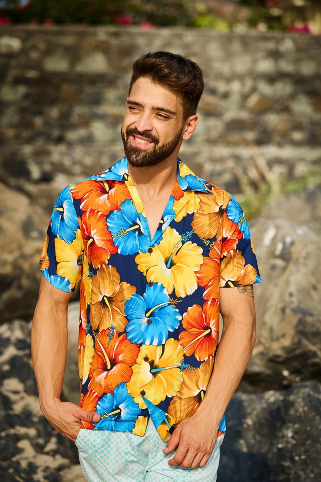 Alvish Men's Casual Short Sleeve Floral Hawaiian Shirt with Pocket