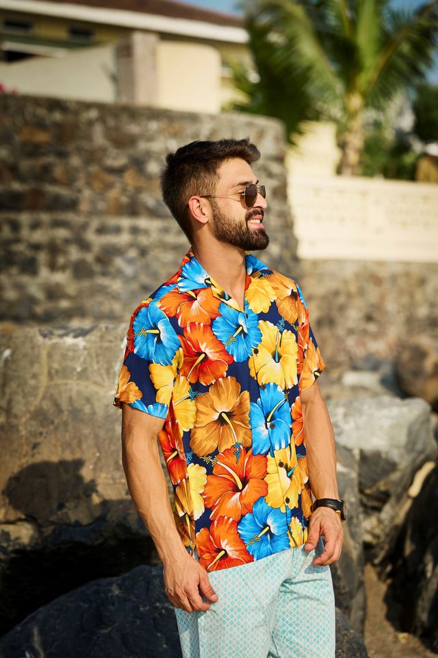Alvish Men's Casual Short Sleeve Floral Hawaiian Shirt with Pocket
