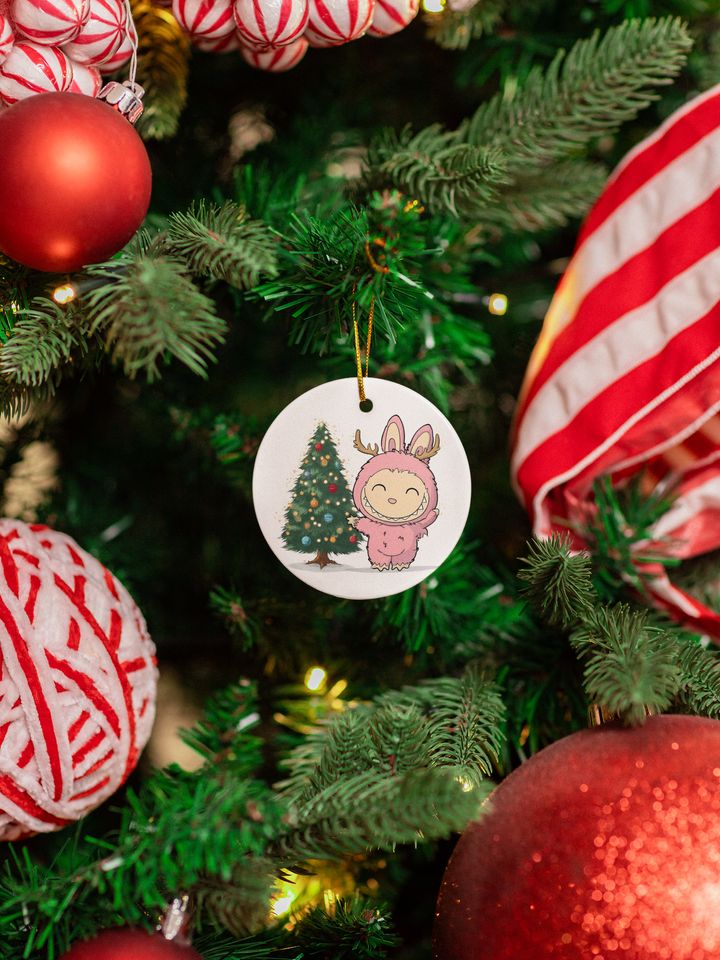 La Bubu Monster Ceramic Christmas Ornament Funny Playful Pink Character Keepsake