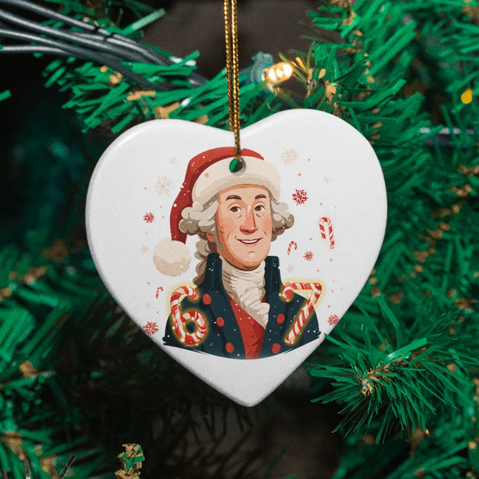 Patriotic Ceramic Xmas Ornament - George Washington with Santa Hat 6-7 Keepsake