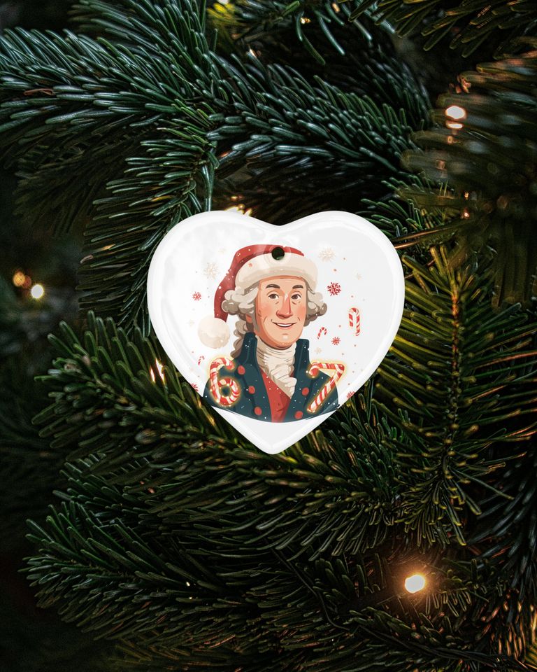 Patriotic Ceramic Xmas Ornament - George Washington with Santa Hat 6-7 Keepsake