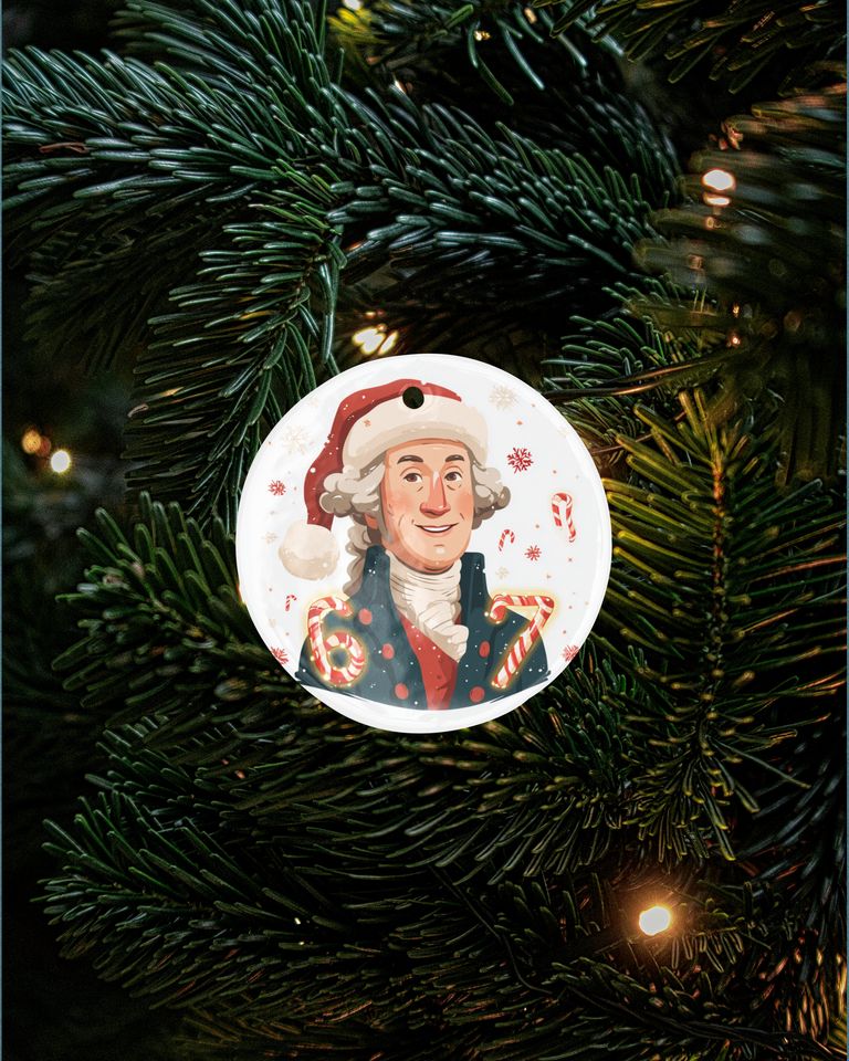 Patriotic Ceramic Xmas Ornament - George Washington with Santa Hat 6-7 Keepsake