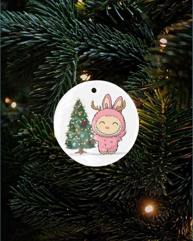 La Bubu Monster Ceramic Christmas Ornament Funny Playful Pink Character Keepsake