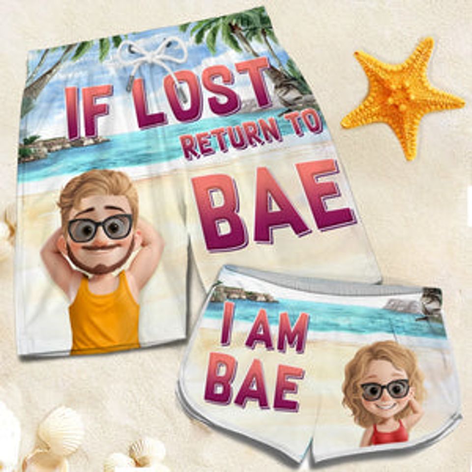 Lost And Found With Bae - Funny Personalized Custom Tropical Hawaiian Aloha Couple Beach Shorts - Summer Vacation Gift, Birthday Party Gift For Husband Wife