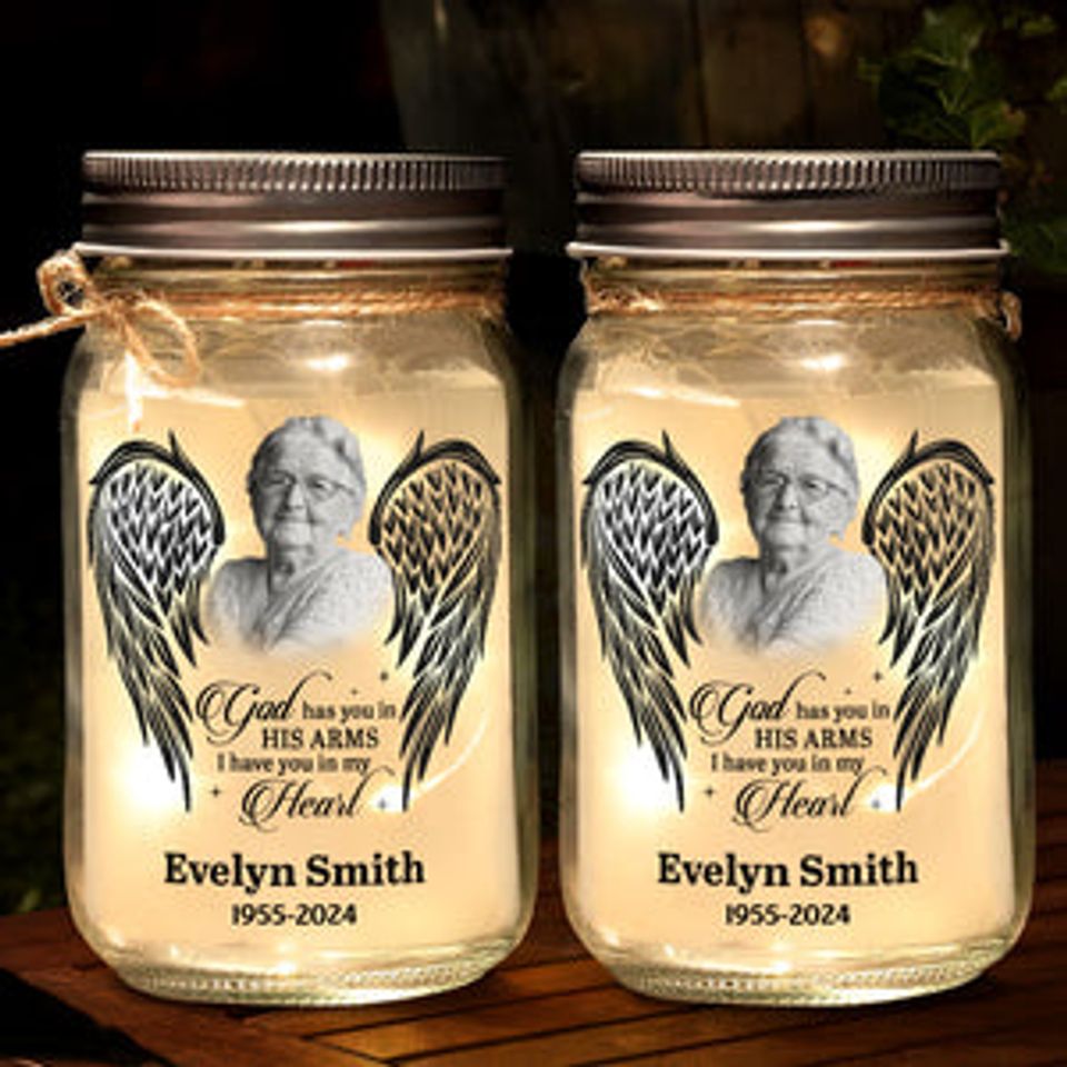 Custom Photo God Has You In His Arms - Memorial Custom Mason Jar Light