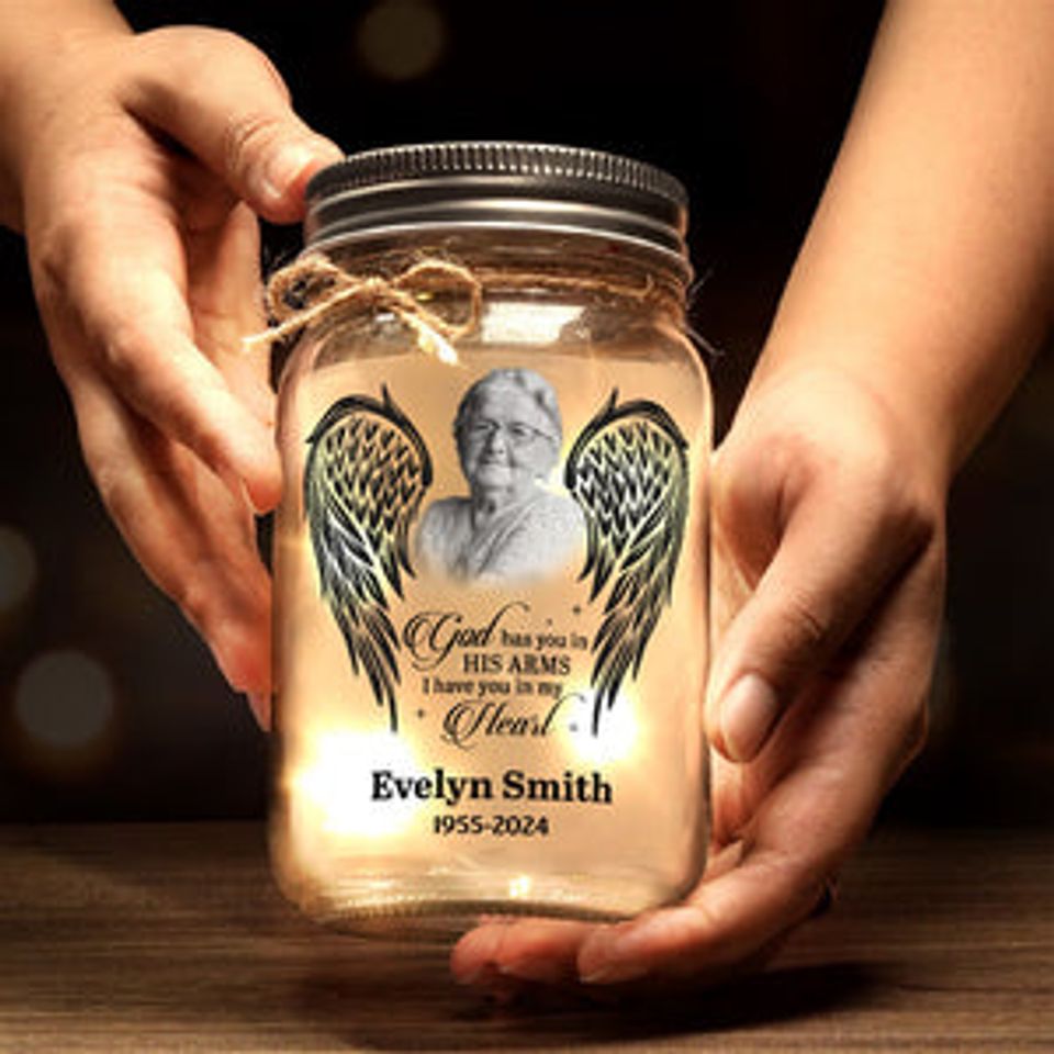Custom Photo God Has You In His Arms - Memorial Custom Mason Jar Light