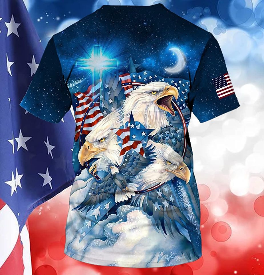 American Flag with Bald Eagle and Cross in Galaxy T Shirt