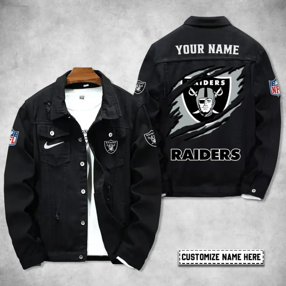 Las Vegas Raiders Personalized Distressed Denim Jacket