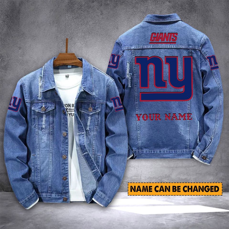 New York Giants Personalized Distressed Denim Jacket