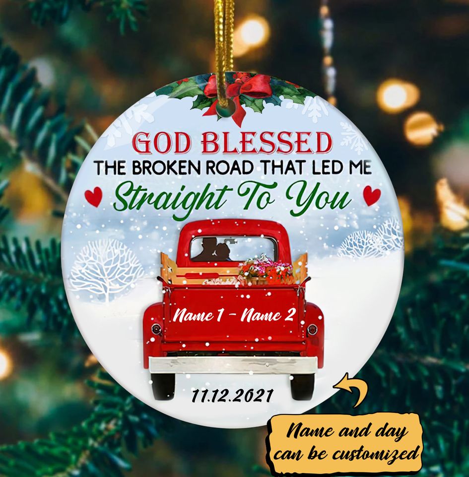 Personalized Love Couple Red Truck Christmas Ceramic Ornament
