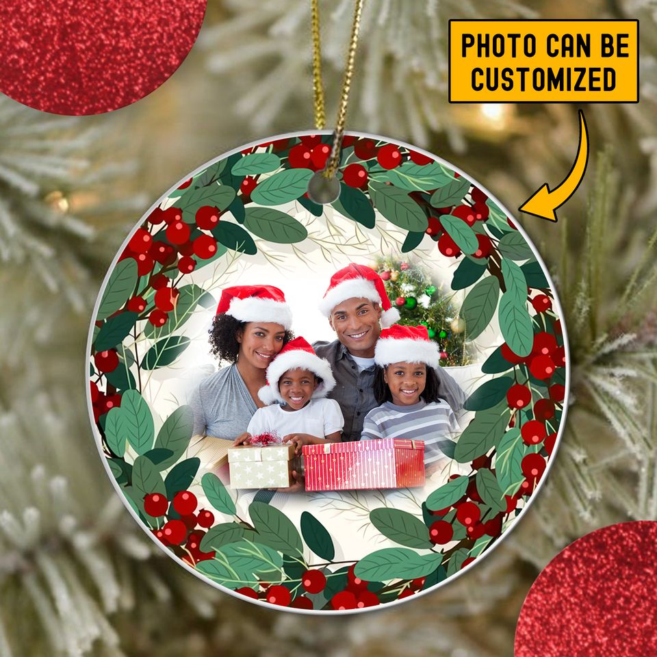 Personalized Family Holiday Christmas Wreath Mistletoe Ceramic Circle Ornament