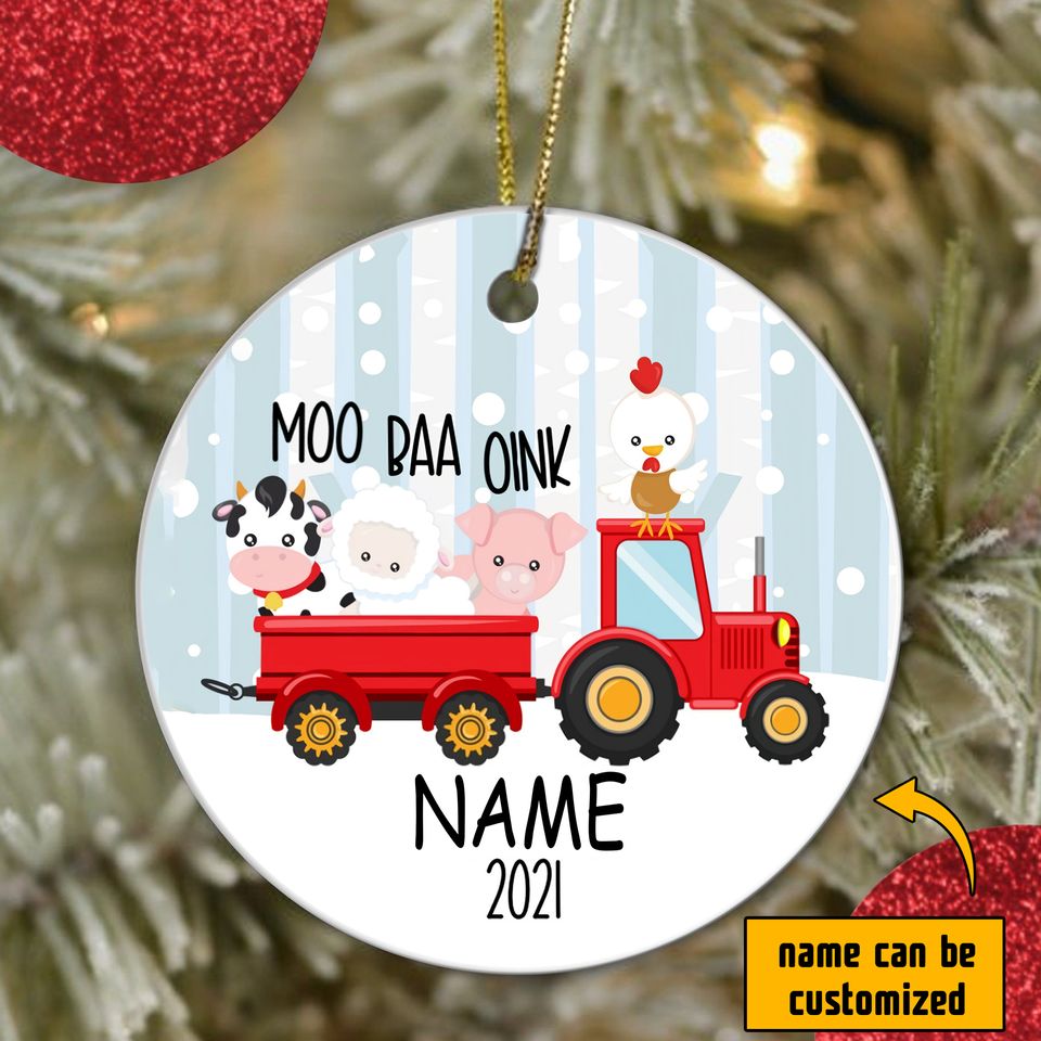 Red Tractor Farm Christmas Ceramic Circle Ornament