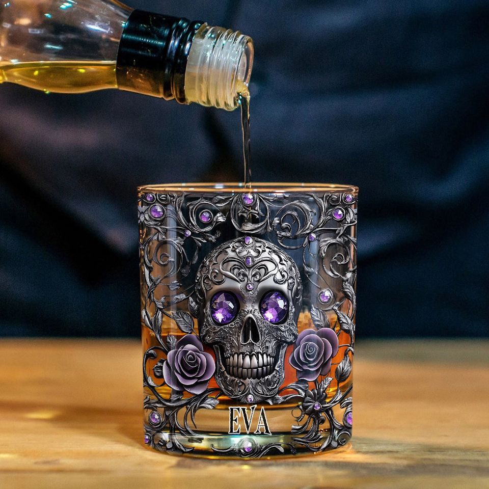 Beautiful Skull And Roses - Personalized Skull Whiskey Glass