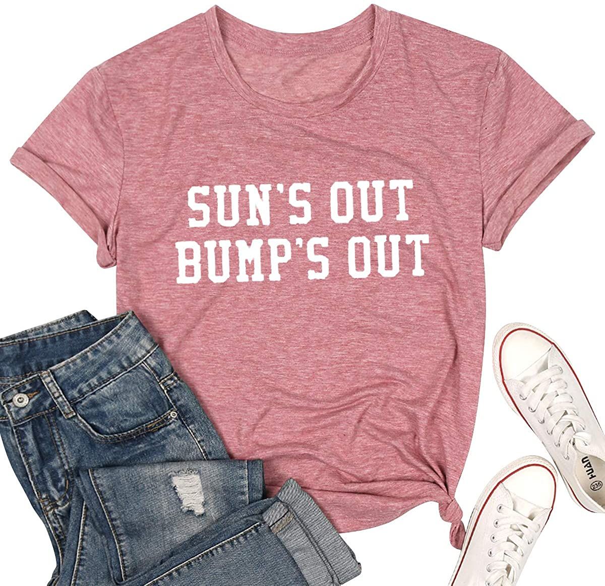 Sun's Out Bumps Out Shirt Women Maternity Pregnancy Funny Saying T-Shirt Summer Short Sleeve Casual Tops Tees