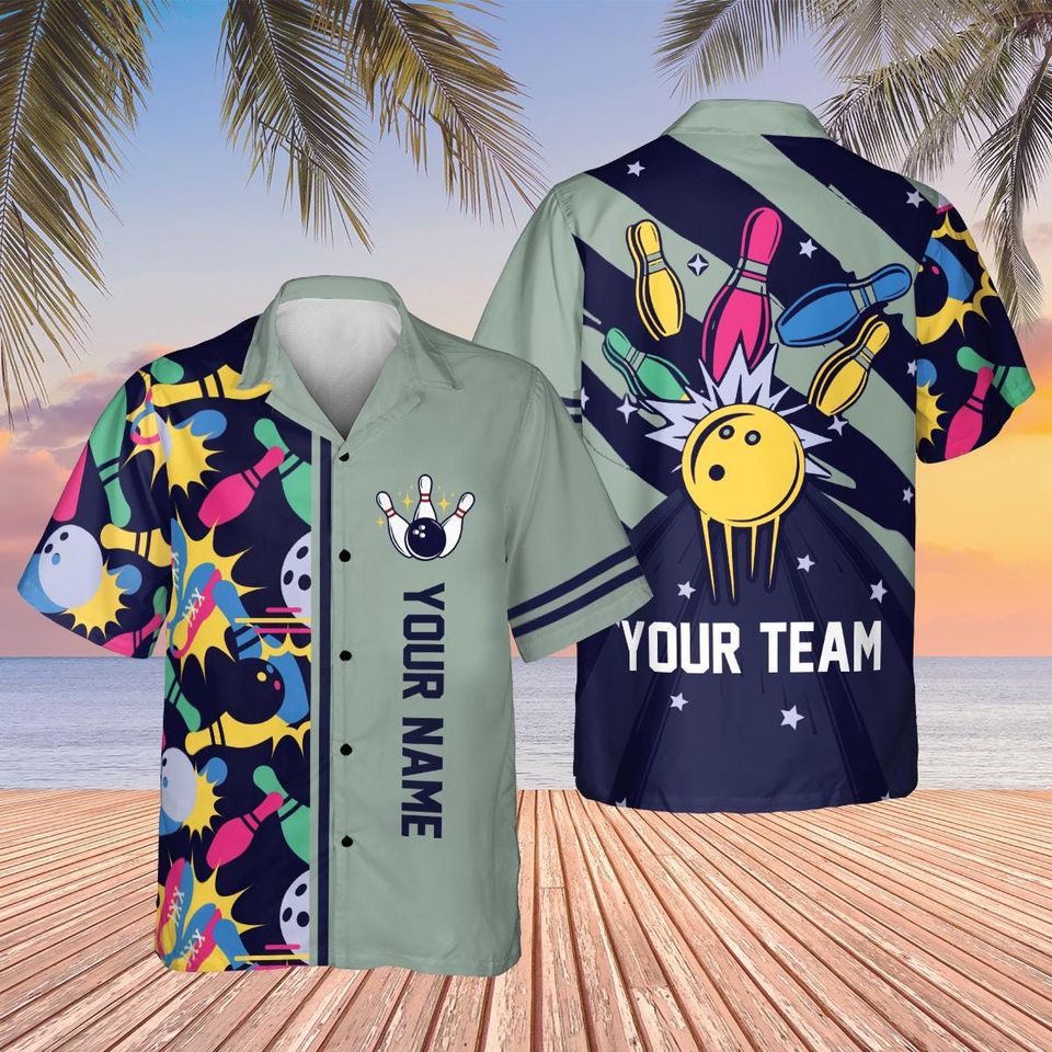 Bowling And Pins Water Flow Multicolor Option Customized Name Team Hawaiian Shirt HO5660