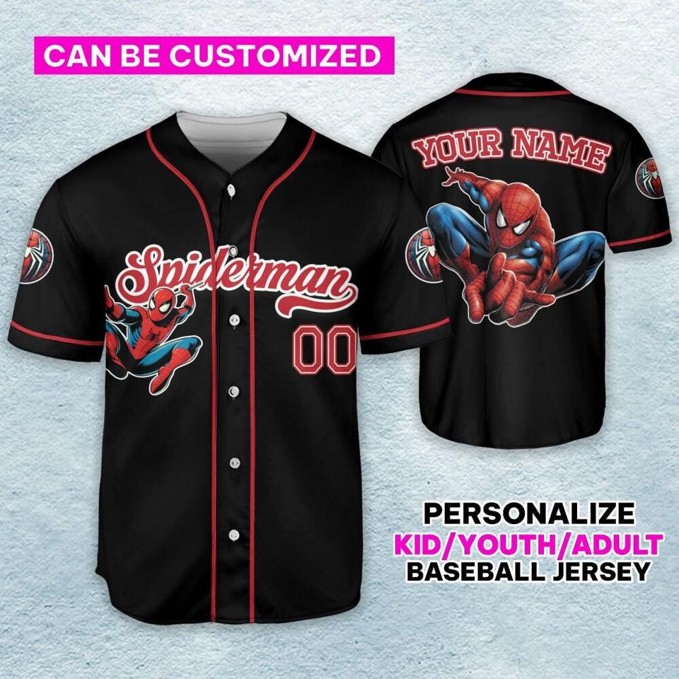 Maglia Baseball Uomo Marvel Spider-Man Classic – Manica Corta, Ufficiale, Stamina A Base D'Acqua (Nera/Rossa)